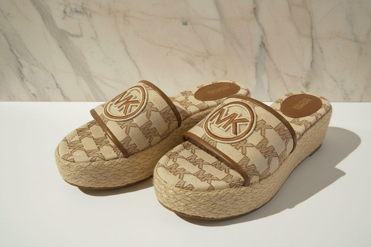 MICHAEL KORS INDIRA WEDGE - JACQUARD BEIGE SIZE 6 CAN FIT TO SIZE 6.5