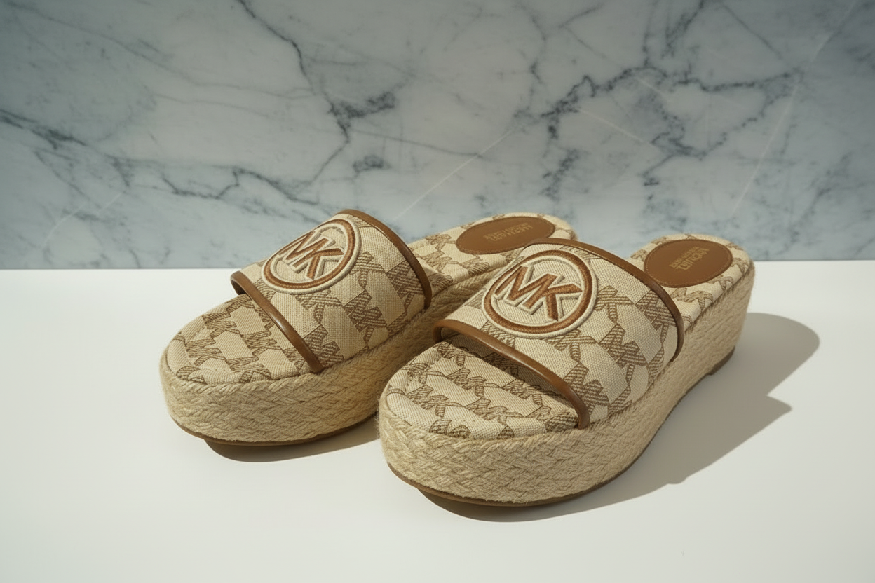 MICHAEL KORS INDIRA WEDGE - JACQUARD BEIGE SIZE 6 CAN FIT TO SIZE 6.5