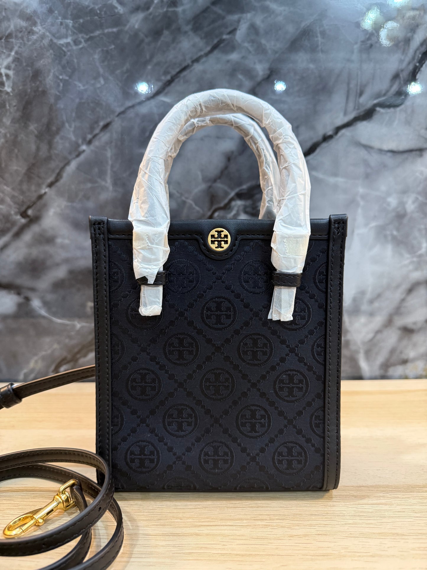 TORY BURCH MINI JACQUARD T MONOGRAM TOTE BLACK