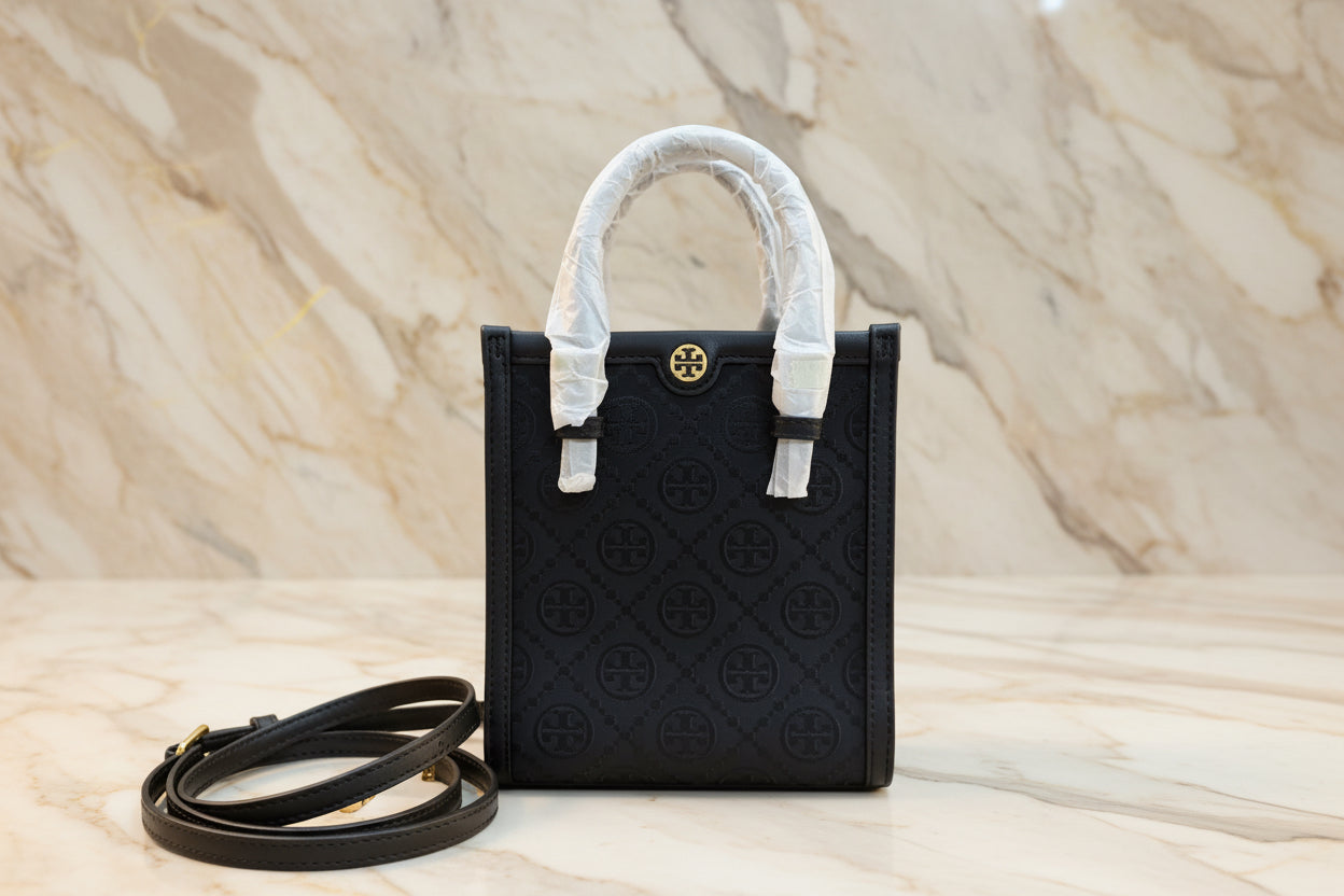TORY BURCH MINI JACQUARD T MONOGRAM TOTE BLACK