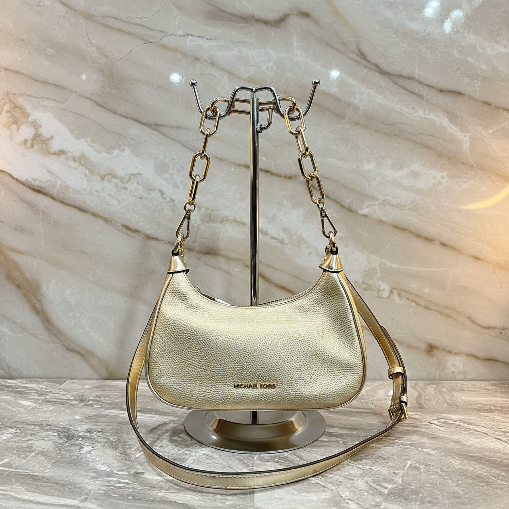 MICHAEL KORS MINI CORA CHAIN SHOULDER BAG/CROSBODY BAG - METTALIC PEBBLE GOLD