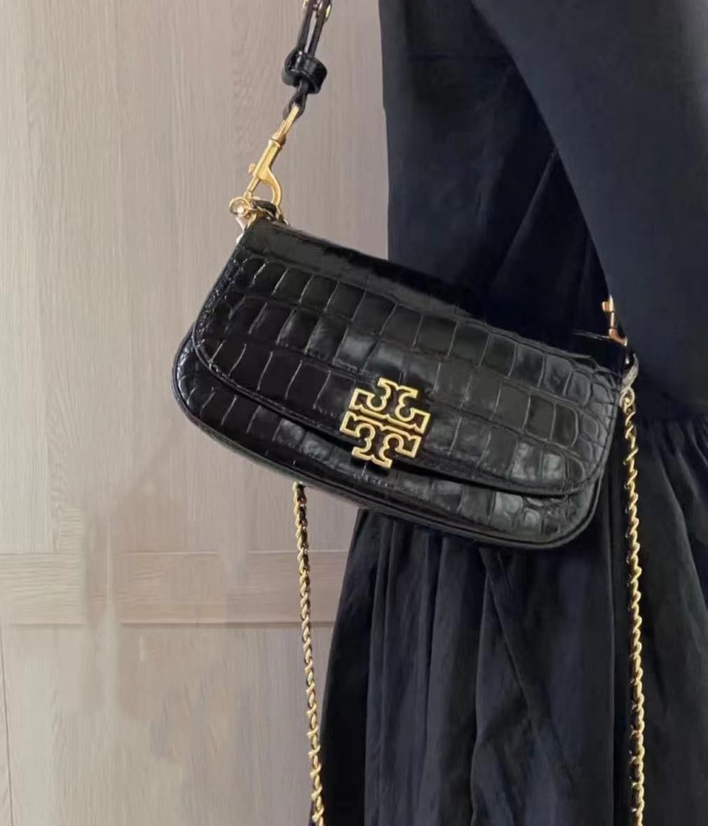 SALE! MISSING 1 BUTTON ON SHOULDER STRAP - TORY BURCH EMBOSSED CROC BRITTEN CONVERTIBLE SHOULDER BAG/XBODY BAG - BLACK
