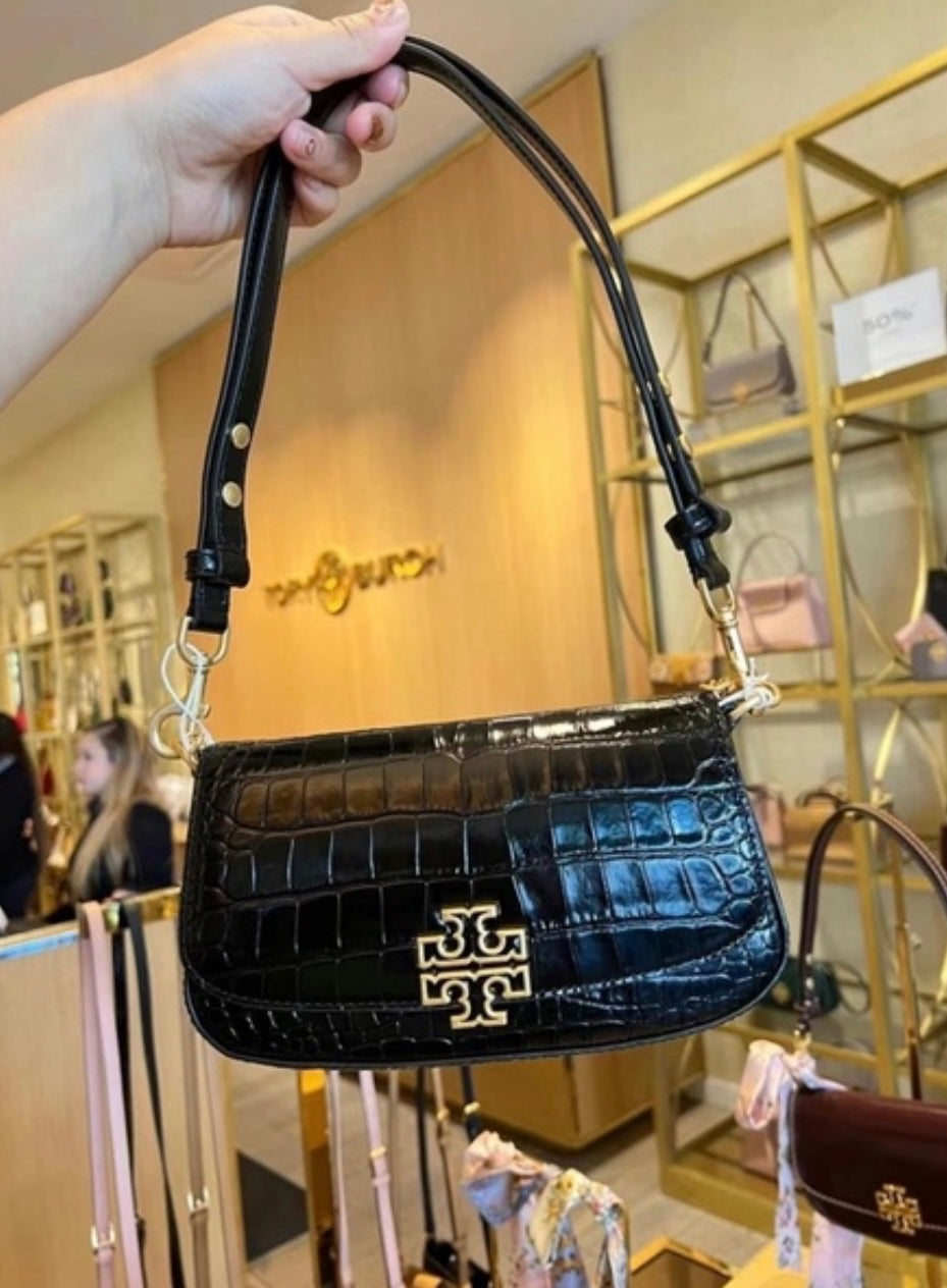 SALE! MISSING 1 BUTTON ON SHOULDER STRAP - TORY BURCH EMBOSSED CROC BRITTEN CONVERTIBLE SHOULDER BAG/XBODY BAG - BLACK