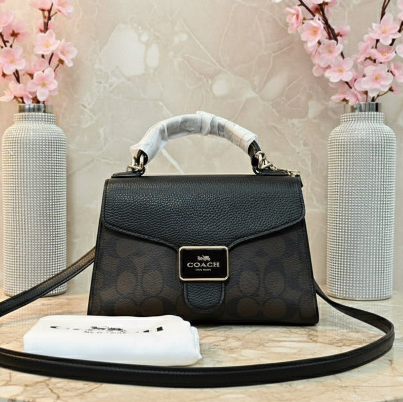 COACH SMALL PEPPER SATCHEL TOP HANDLE IN SIGNATURE BROWN BLACK