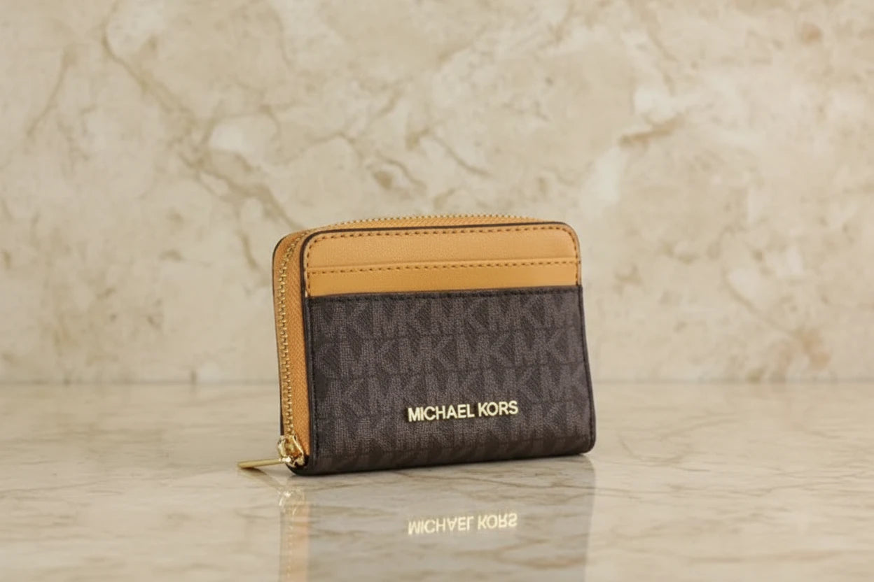 MICHAEL KORS SMALL COIN PURSE - SIGNATURE BRIWN/MUSTARD YELLOW