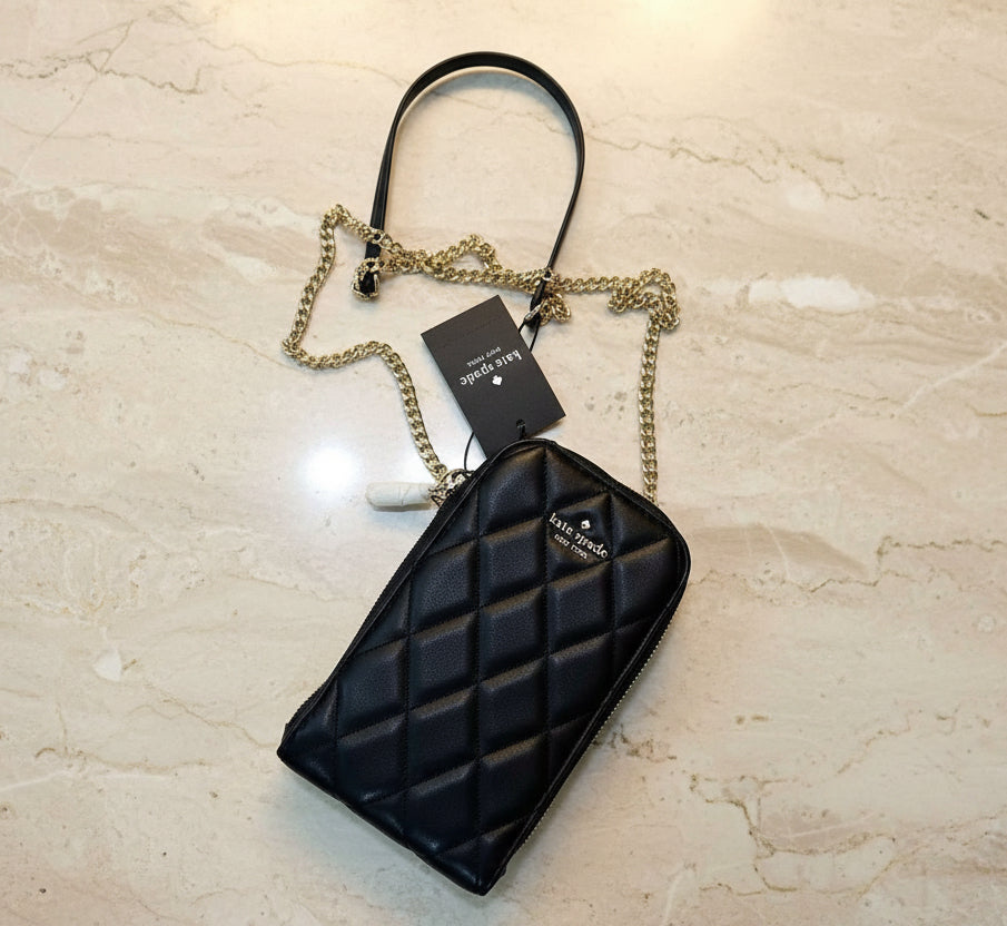 KATE SPADE CAREY NORTH SOUTH ZIP QUILTED PHONE CROSSBODY LEATHER - BLACK