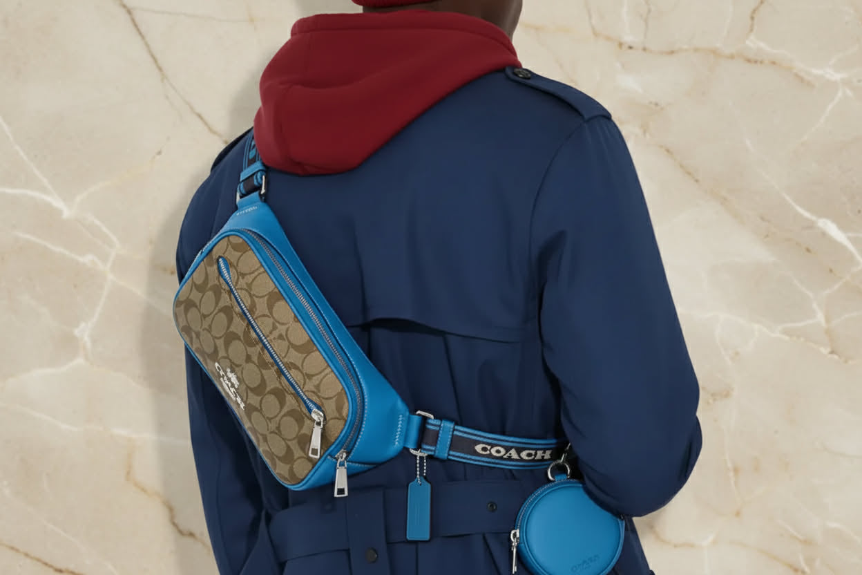 COACH ELIAS BELTBAG/ CHEST BAG/BODY BAG IN COLORBLOCK SIGNATURE CANVAS - KHAKI/RACER BLUE