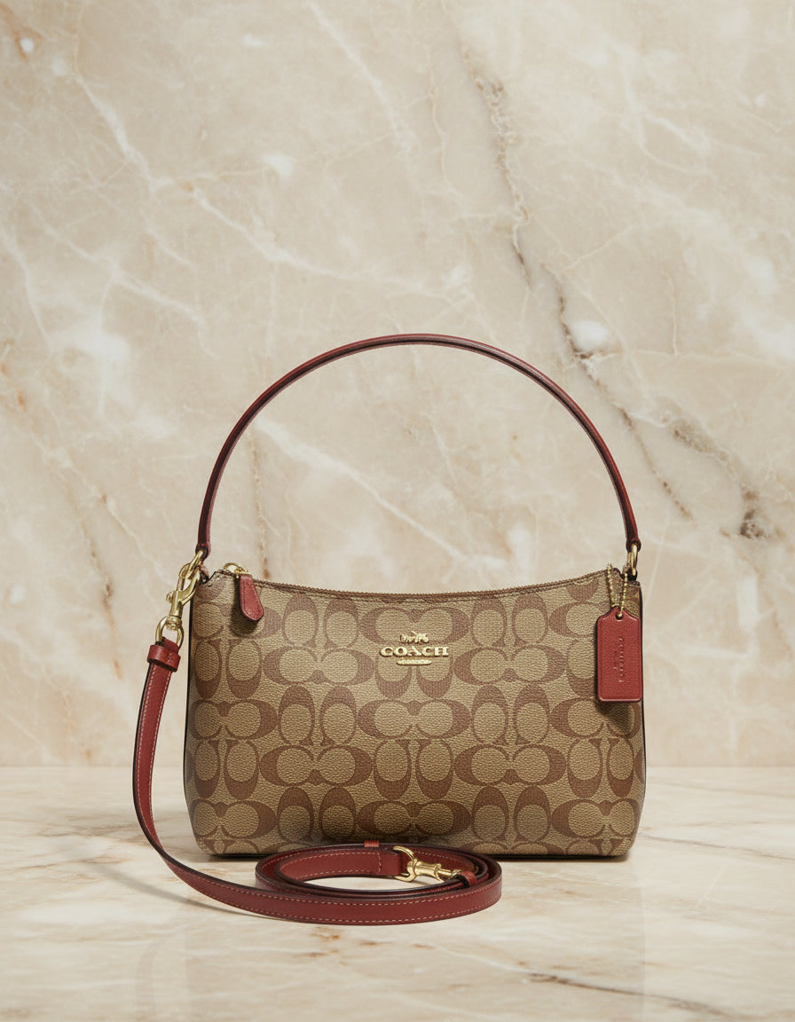 COACH BUNDLE LEWIS SHOULDER BAG/CROSSBODY BAG & ZIP AROUND WRISLET WALLET IN SIGNATURE CANVAS METTALIC CLAY LINING