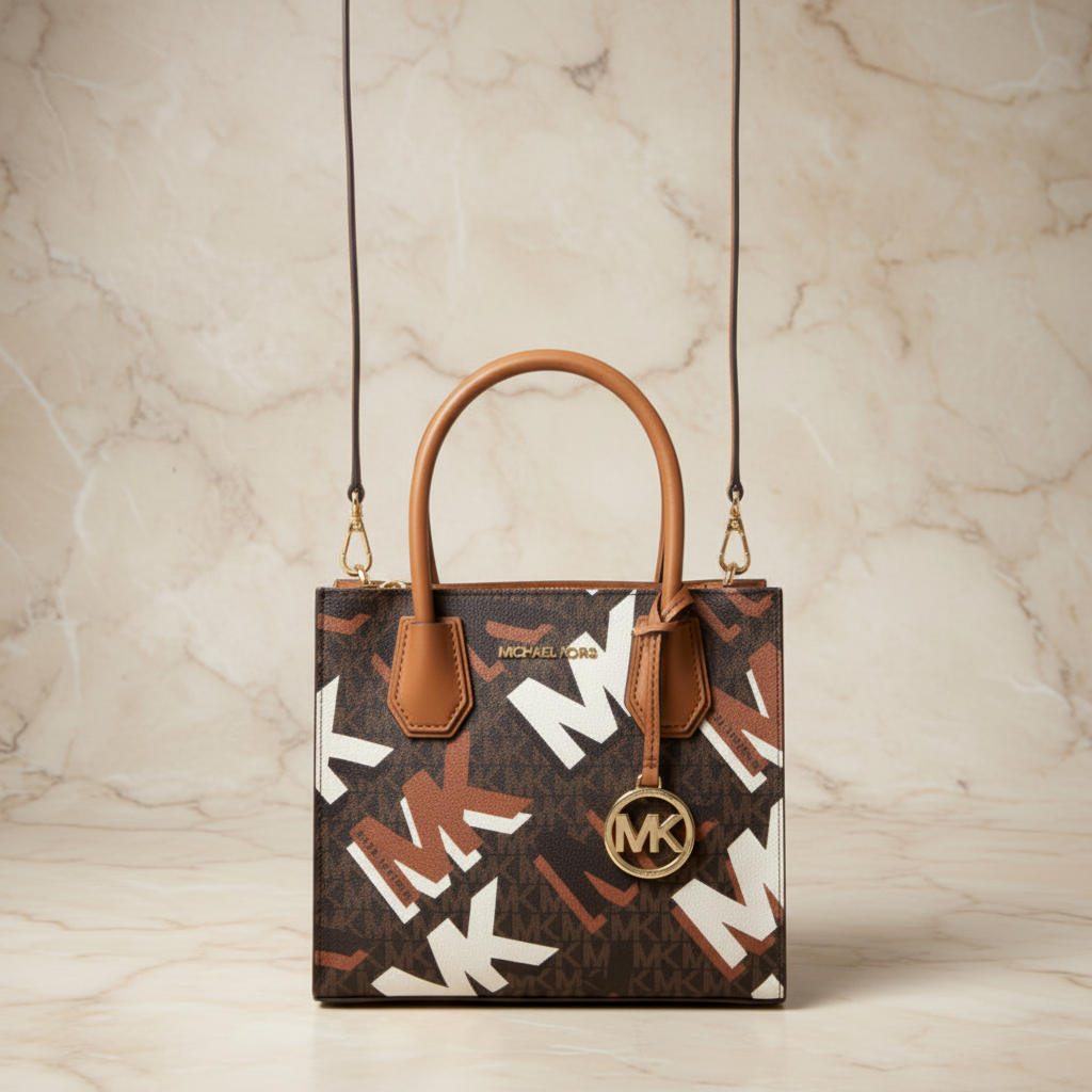 MICHAEL KORS MERCER MEDIUM MESSENGER BAG - LUGGAGE MULTI GRAPHIC LOGO