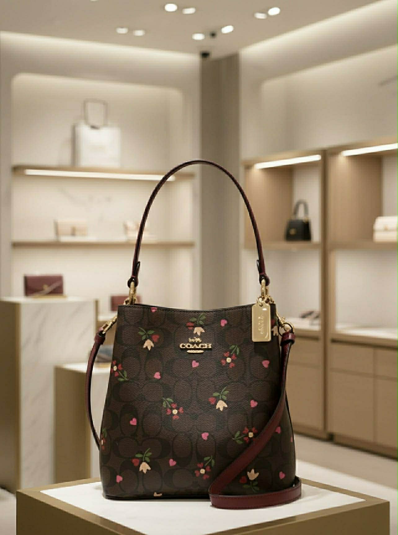 COACH SMALL TOWN BUCKET IN SIGNATURE CANVAS WITH HEART PETAL PRINT