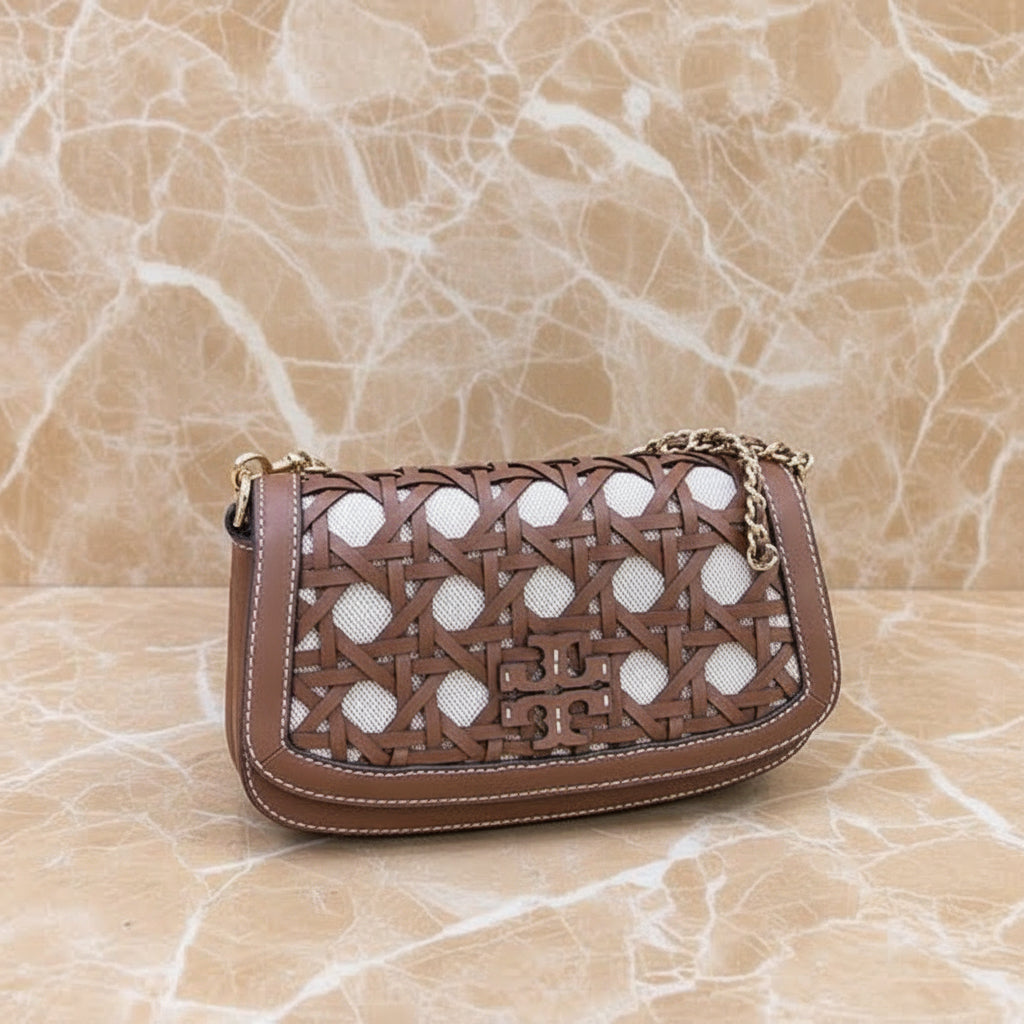 TORY BURCH BRITTEN  BASKET WEAVE CONVERTIBLE CRISSBODY/SHOULDER BAG - MOOSE COLOR