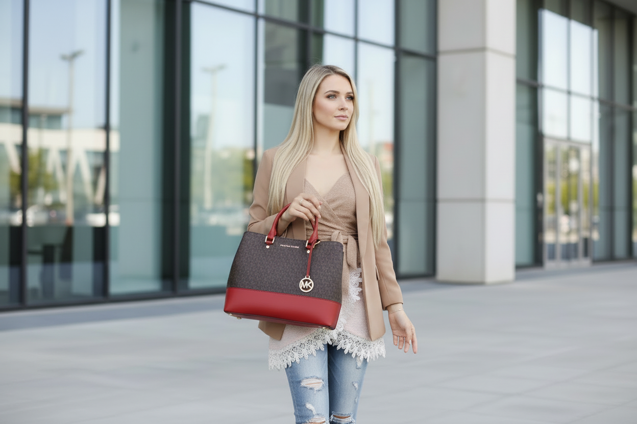 MICHAEL KORS SAVANNAH LARGE SATCHEL IN SIGNATURE BROWN/RED - SCARLET