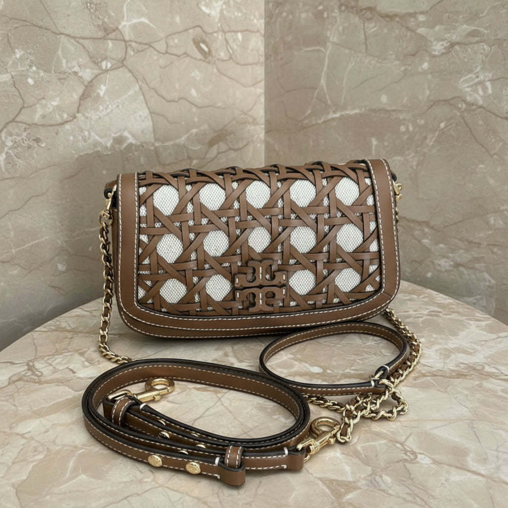 TORY BURCH BRITTEN  BASKET WEAVE CONVERTIBLE CRISSBODY/SHOULDER BAG - MOOSE COLOR