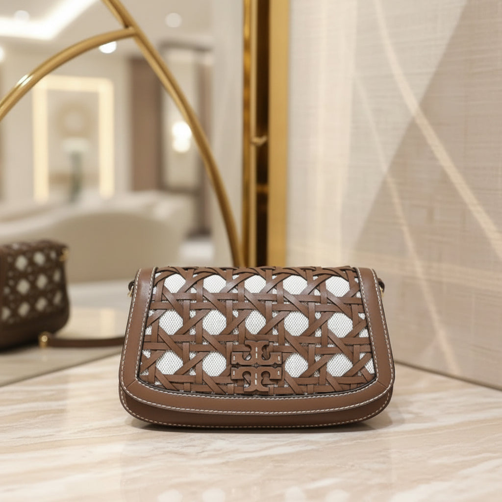 TORY BURCH BRITTEN  BASKET WEAVE CONVERTIBLE CRISSBODY/SHOULDER BAG - MOOSE COLOR