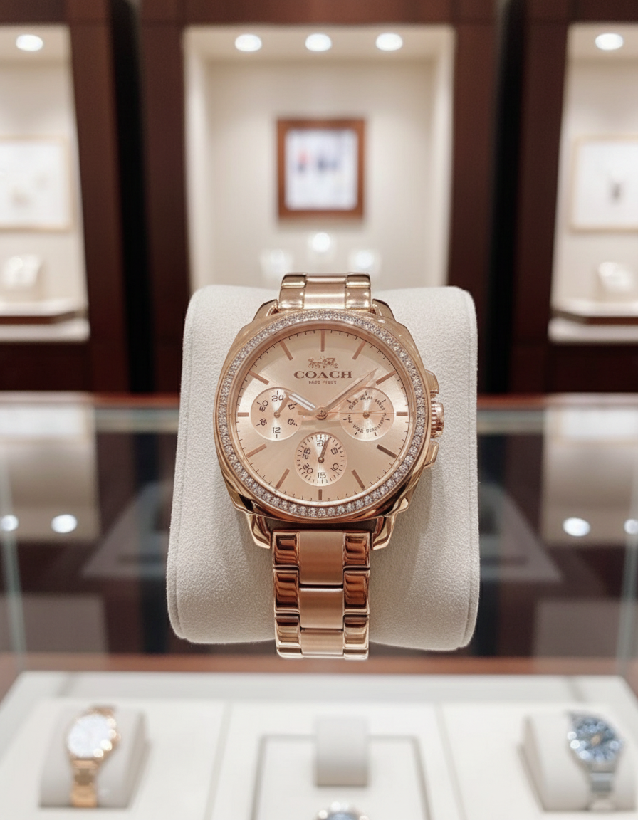 ساعة كوتش ذات وجه كبير - مطلية بالذهب الوردي والفولاذ المقاوم للصدأ