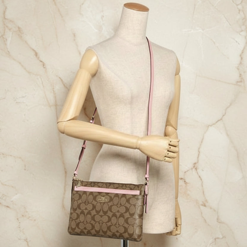 SALE‼️ COACH EAST WEST CROSSBODY WITH POP-UP POUCH KHAKI-PINK - WITH FLAWS/PEELED OFF/SCALED FROM THE CREED INSIDE, SEE PHOTO