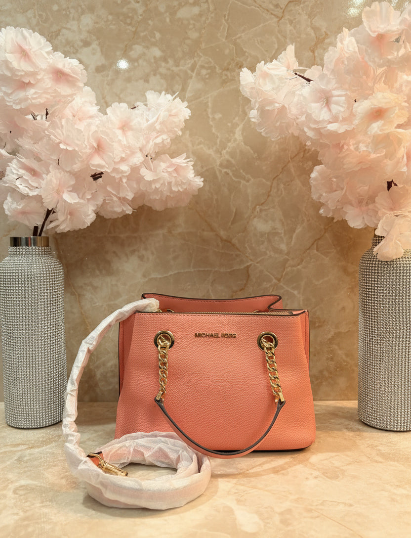 MICHAEL KORS SMALL TEAGEN LEATHER SATCHEL - PEACH