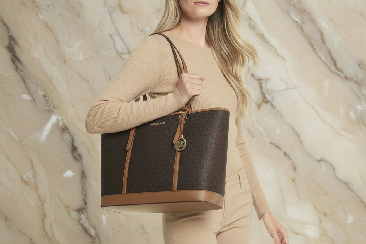 MICHAEL KORS JET SET TRAVEL ZIP TOTE IN SIGNATURE LOGO BROWN - MEDIUM