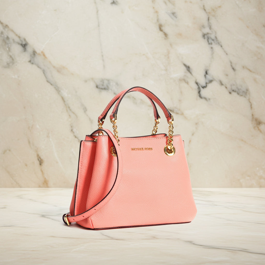 MICHAEL KORS SMALL TEAGEN LEATHER SATCHEL - PEACH