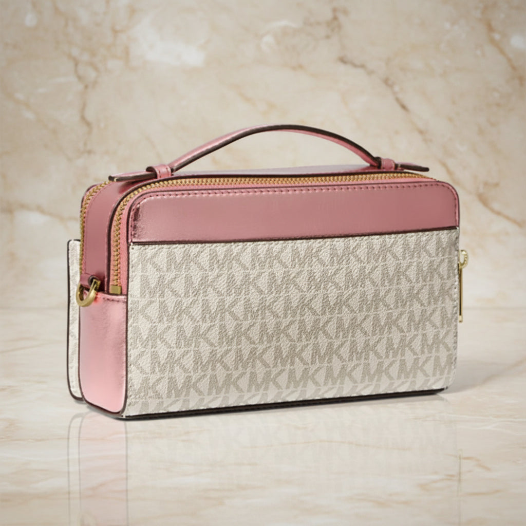 MICHAEL KORS SIGNATURE JET SET METALLIC PRIMEROSE DOUBLE ZIP SMARTPHONE CROSSBODY BAG