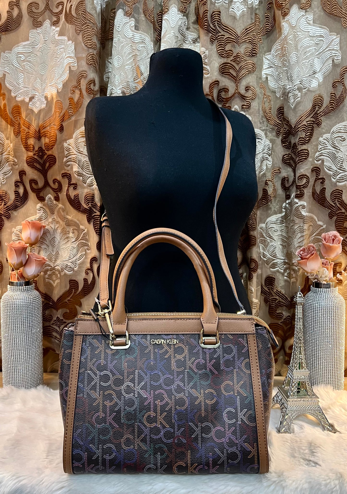 CALVIN KLEIN BUNDLE BAG & LONG WALLET JANAE SATCHEL CROSSBODY BAG IN SIGNATURE BROWN