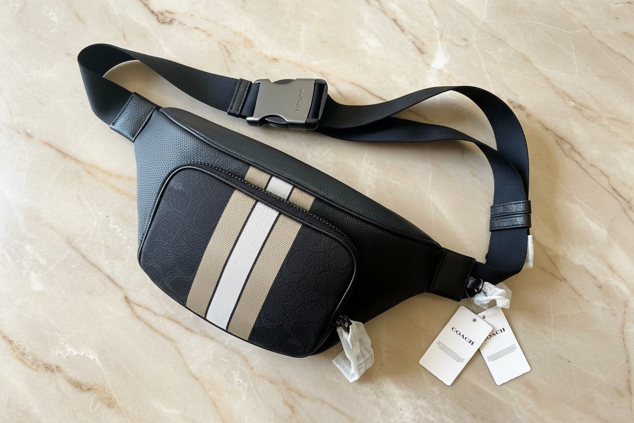 COACH THOMPSON JACQUARD WAISTPACK/BODY BAG WITH VARSITY STRIPE