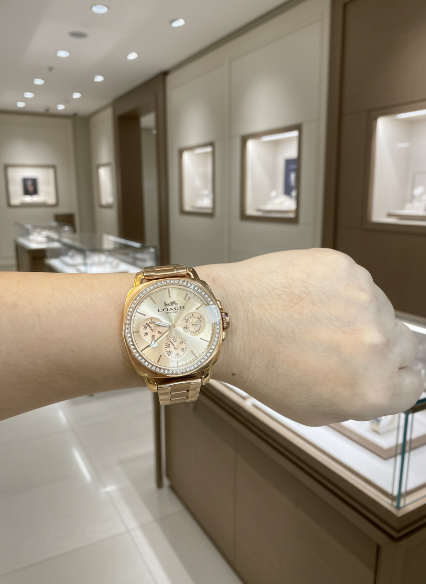 ساعة كوتش ذات وجه كبير - مطلية بالذهب الوردي والفولاذ المقاوم للصدأ