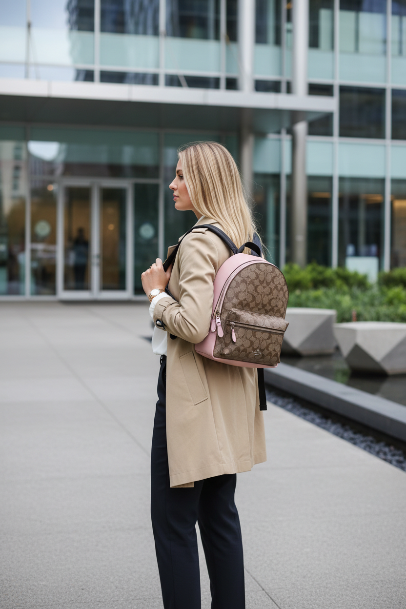 حقيبة ظهر متوسطة الحجم من كوتش تشارلي - لون بني/وردي مميز