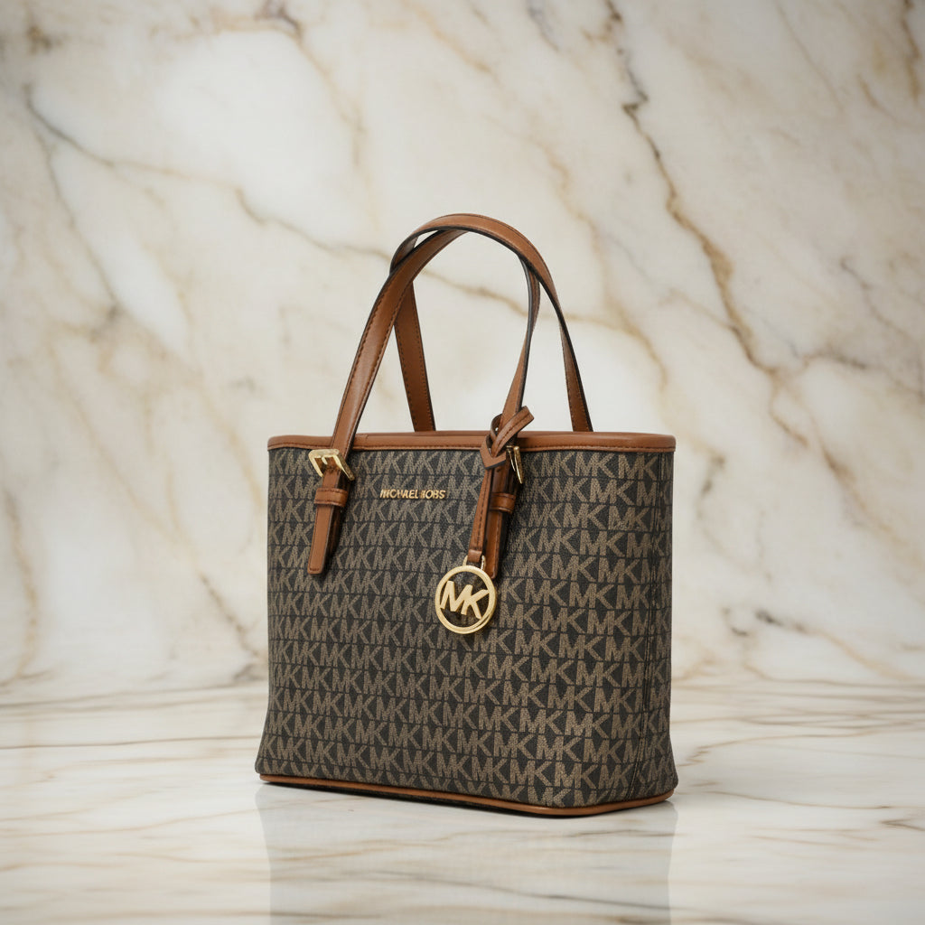 MICHAEL KORS XS JET SET CARRYALL TRAVEL ZIP TOTE - BLACK - BROWN MULTI WITH A TOUCH OF METTALIC GOLD