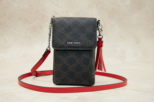 NINE WEST SPRINGY MINI PHONE CROSSBODY IN SIGNATURE BROWN/VYBER RED CANVAS