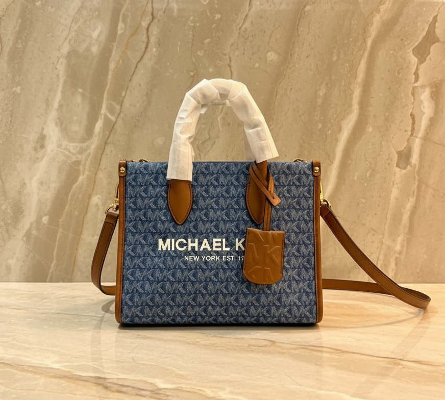 MICHAEL KORS MIRELLA SMALL SHOPPER TOP ZIP CROSSBODY BAG - DENIM MULTI LOGO