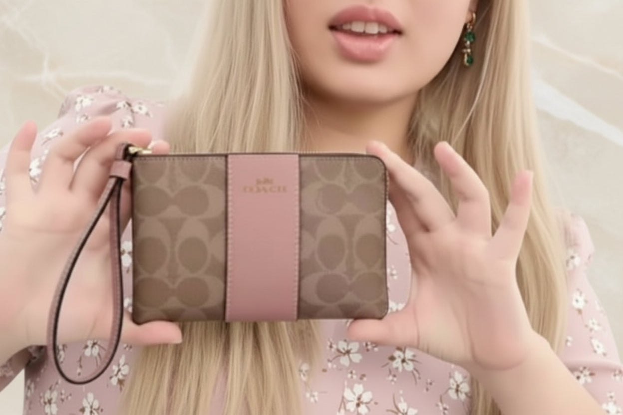 COACH SMALL CORNER SINGLE ZIP WRISTLET - SIGNATURE BROWN/PINK