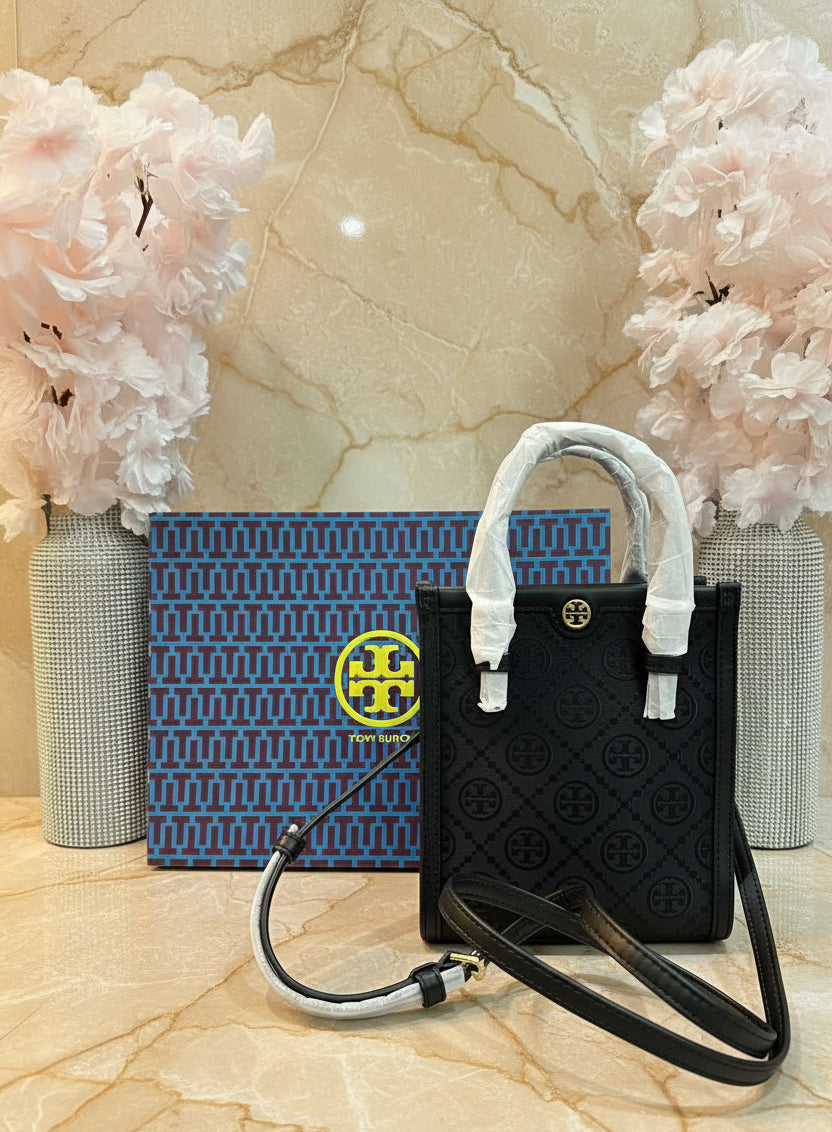 TORY BURCH MINI JACQUARD T MONOGRAM TOTE BLACK