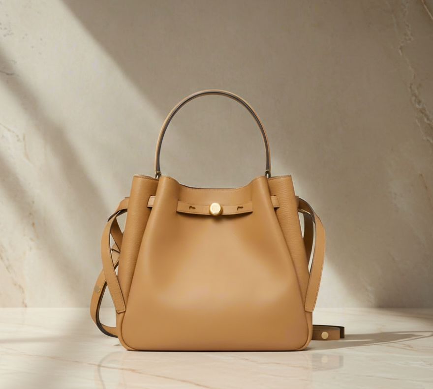 SALE!!! WITH CREASE IN FRONT DUE TO CARGO HANDLING - TORY BURCH SMALL ROMY BUCKET - BROWN