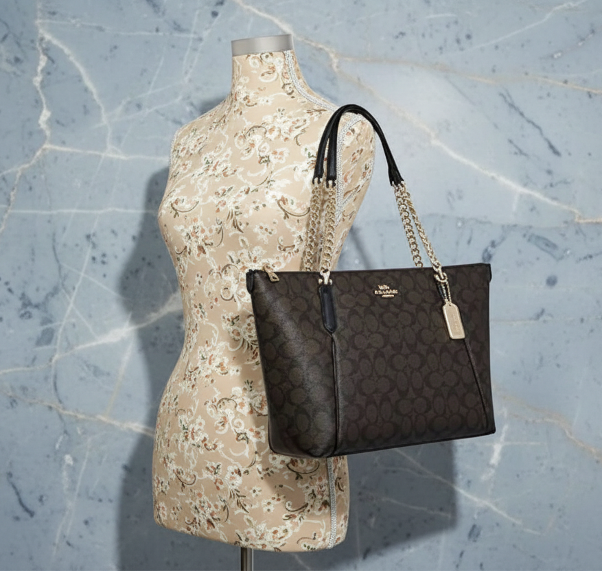 COACH AVA LARGE ZIP TOP TOTE IN SIGNATURE BLACK BROWN