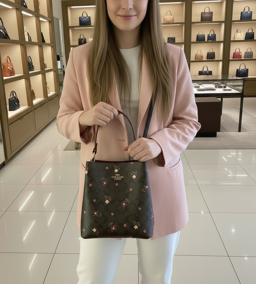 COACH SMALL TOWN BUCKET IN SIGNATURE CANVAS WITH HEART PETAL PRINT