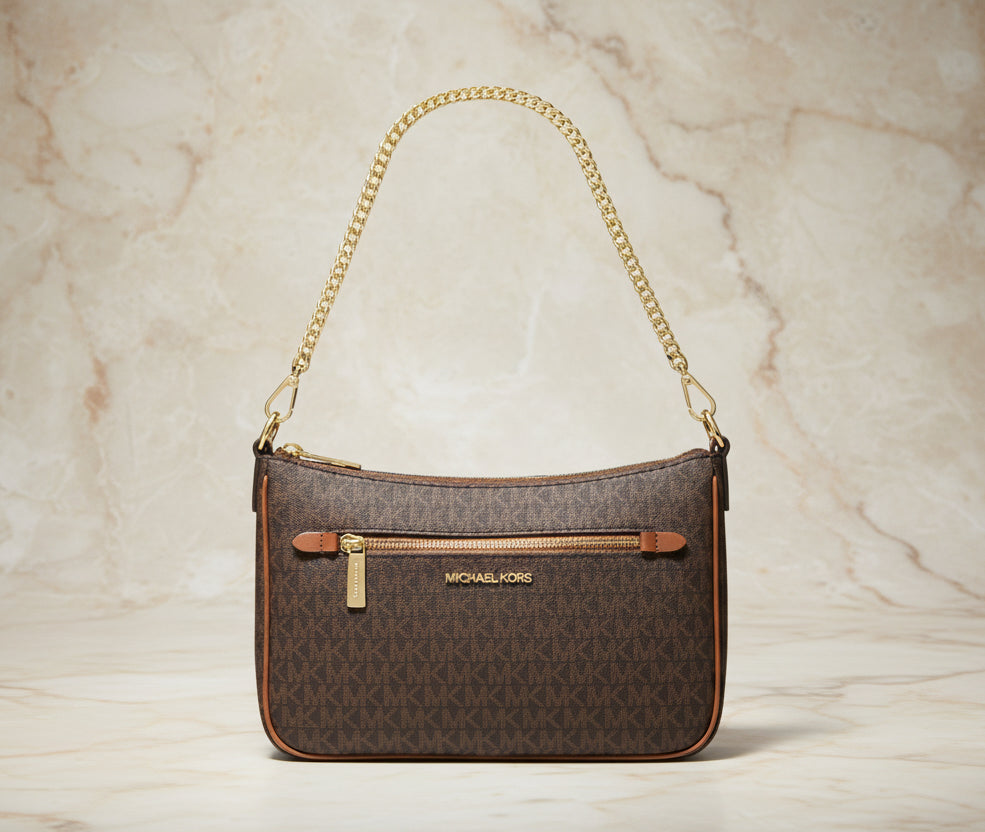 MICHAEL KORS JET SET LOGO CHAIN CROSSBODY SMALL IN SIGNATURE BROWN