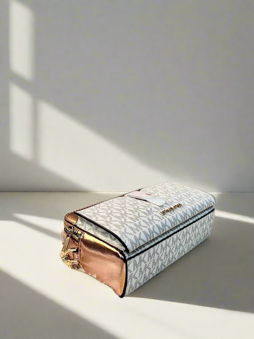 MICHAEL KORS SIGNATURE JET SET METALLIC PROMEROSE DOUBLE ZIP SMARTPHONE CROSSBODY BAG
