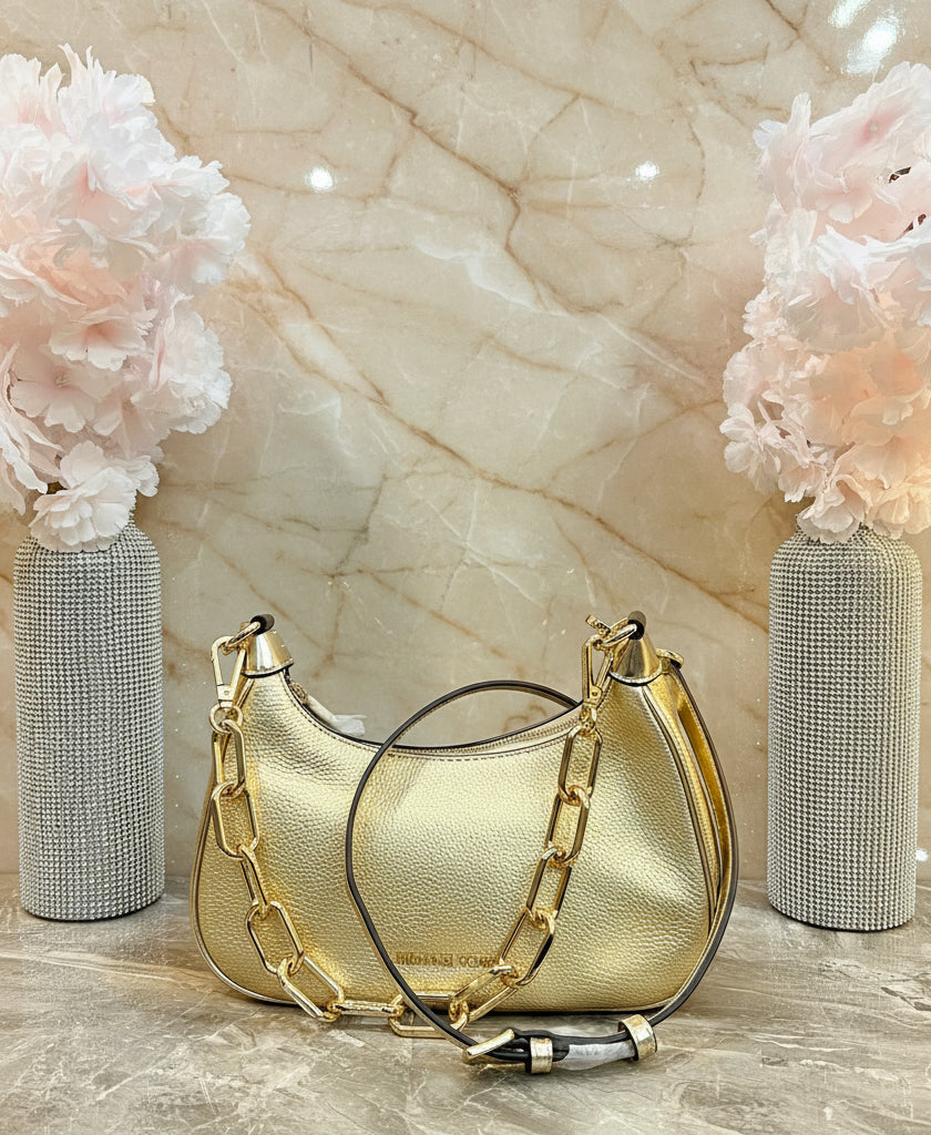 MICHAEL KORS MINI CORA CHAIN SHOULDER BAG/CROSBODY BAG - METTALIC PEBBLE GOLD