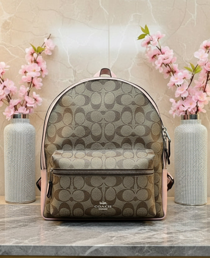 COACH CHARLIE MEDIUM BACKPACK - SIGNATURE BROWN/PINK