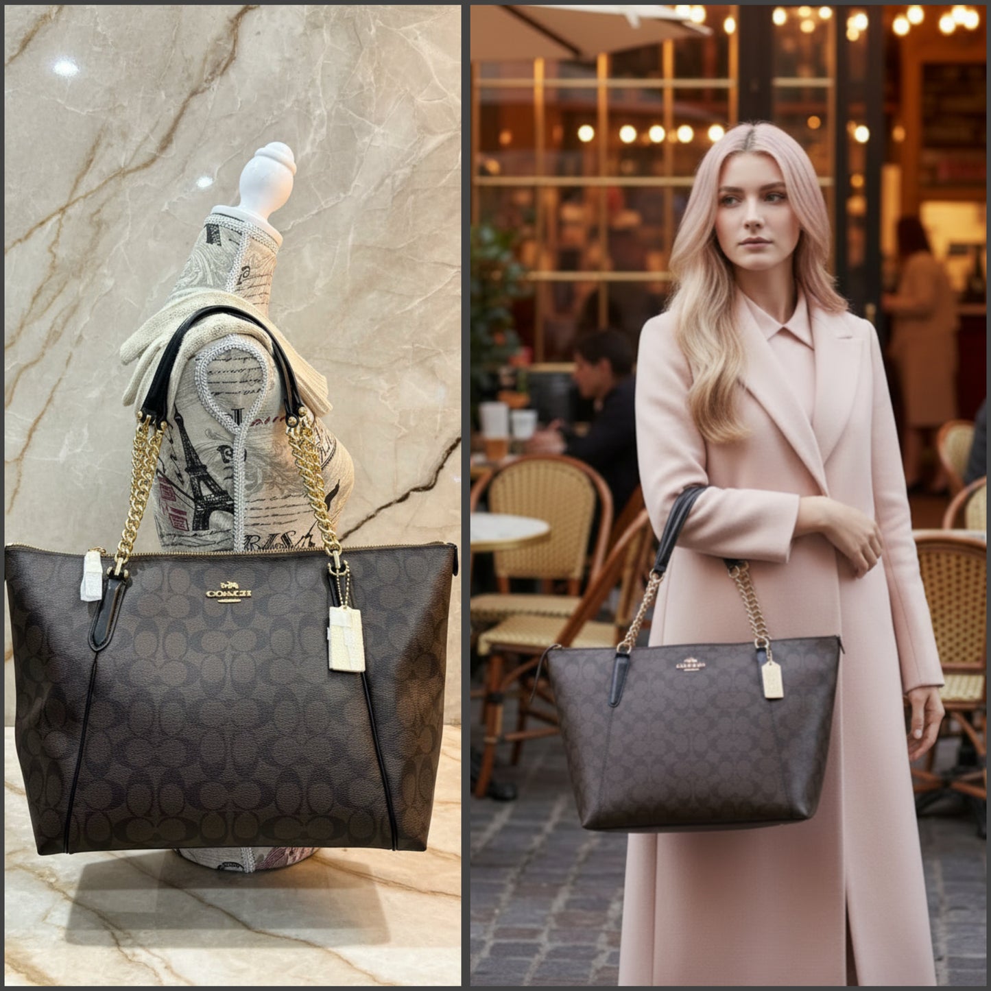 COACH AVA LARGE ZIP TOP TOTE IN SIGNATURE BLACK BROWN