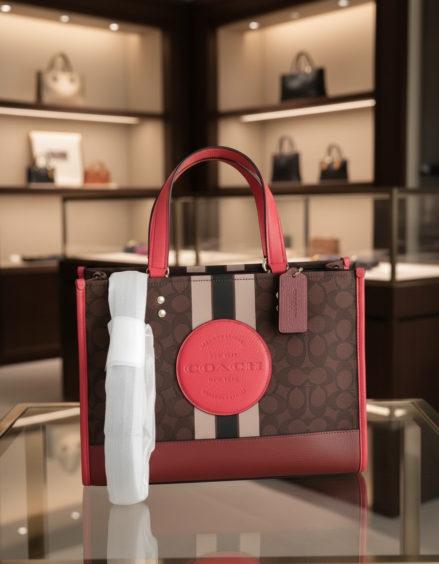 COACH DEMPSEY TOTE CARRYALL MEDIUM IN SIGNATURE JACQUARD CANVAS CENTER STRIPE STRAWBERRY HAZE