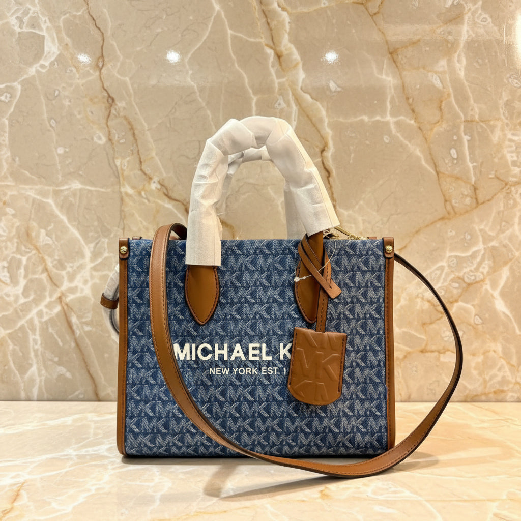 MICHAEL KORS MIRELLA SMALL SHOPPER TOP ZIP CROSSBODY BAG - DENIM MULTI LOGO