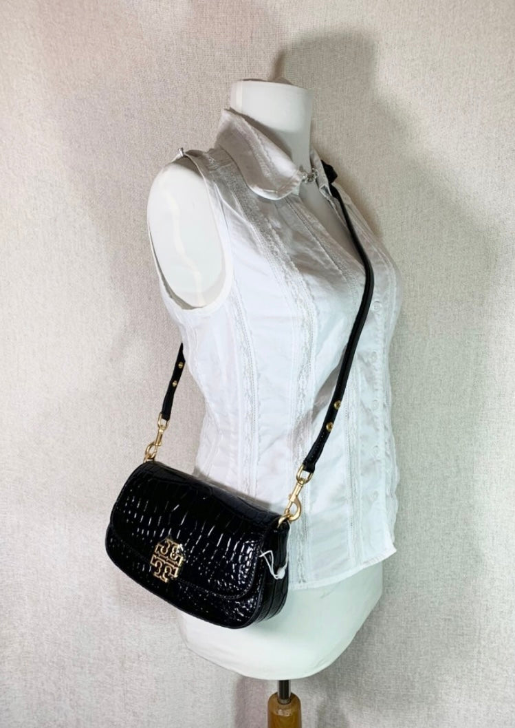 SALE! MISSING 1 BUTTON ON SHOULDER STRAP - TORY BURCH EMBOSSED CROC BRITTEN CONVERTIBLE SHOULDER BAG/XBODY BAG - BLACK