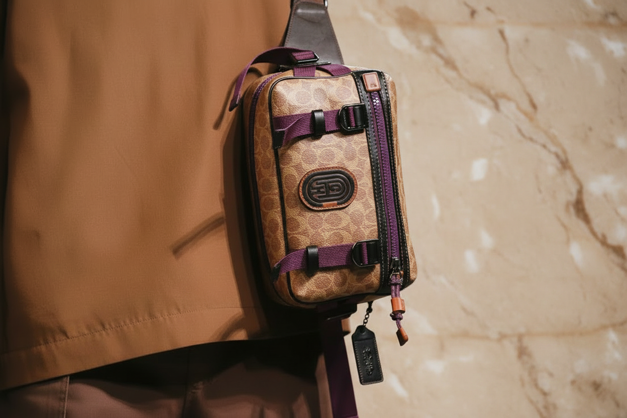 COACH LOGO PRINTED LIMITED EDITION WAISTPACK/BODY BAG IN SIGNATURE TAN CANVAS