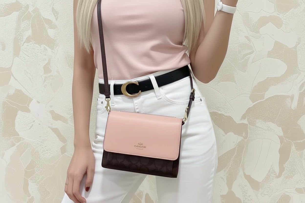 حقيبة كوتش قابلة للطي 3 في 1، حقيبة خصر/حقيبة كروس/حقيبة بودي - لون وردي فاتح، بنقشة جلد الثعبان المميزة