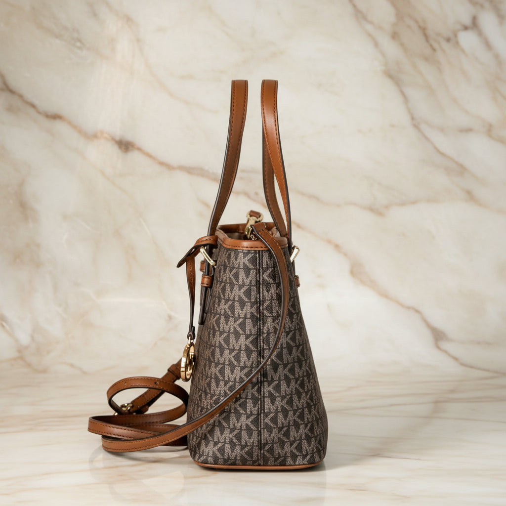 MICHAEL KORS XS JET SET CARRYALL TRAVEL ZIP TOTE - BLACK - BROWN MULTI WITH A TOUCH OF METTALIC GOLD