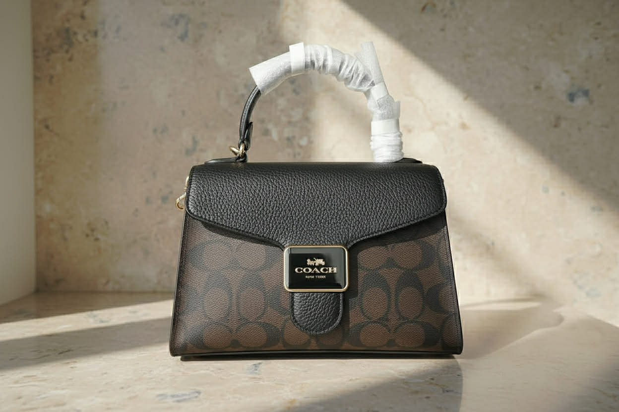 COACH SMALL PEPPER SATCHEL TOP HANDLE IN SIGNATURE BROWN BLACK