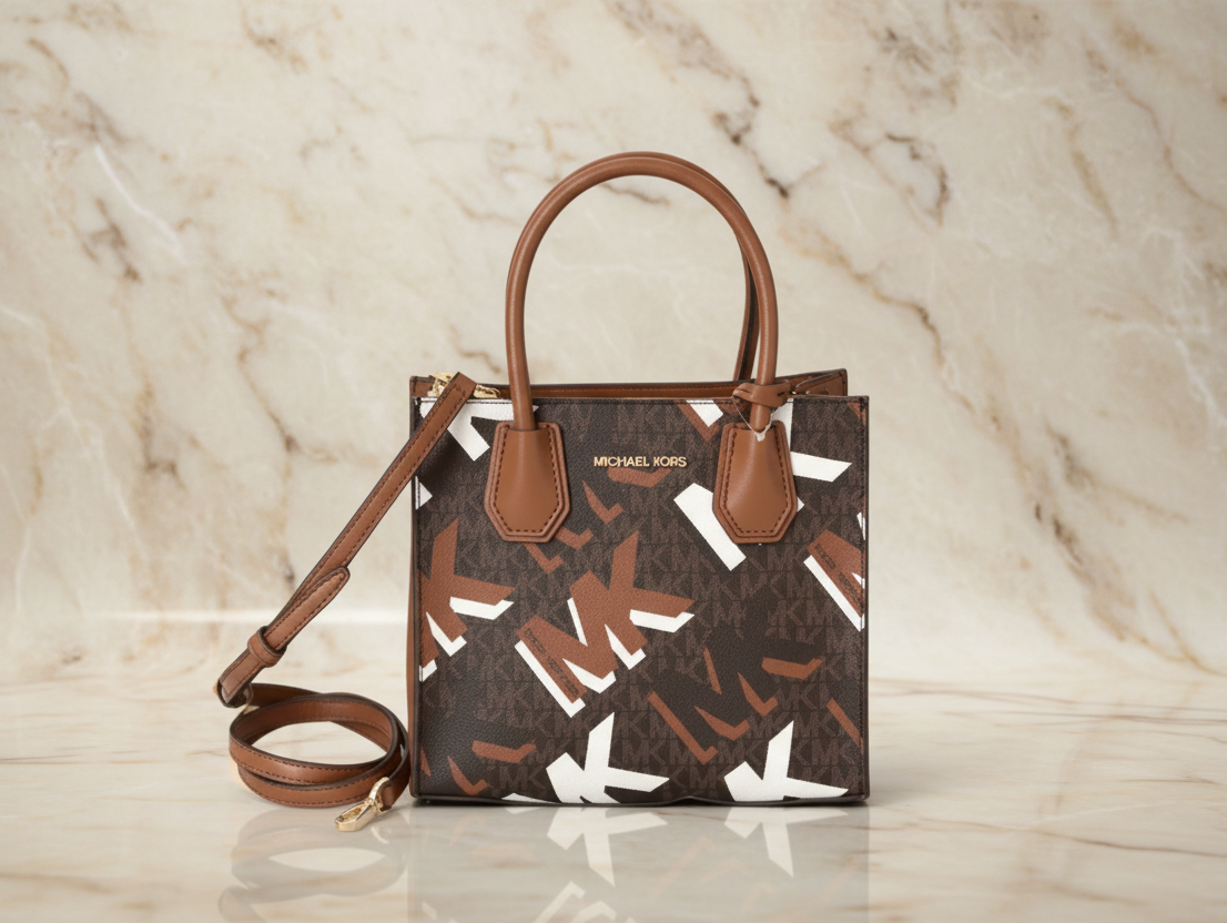 MICHAEL KORS MERCER MEDIUM MESSENGER BAG - LUGGAGE MULTI GRAPHIC LOGO