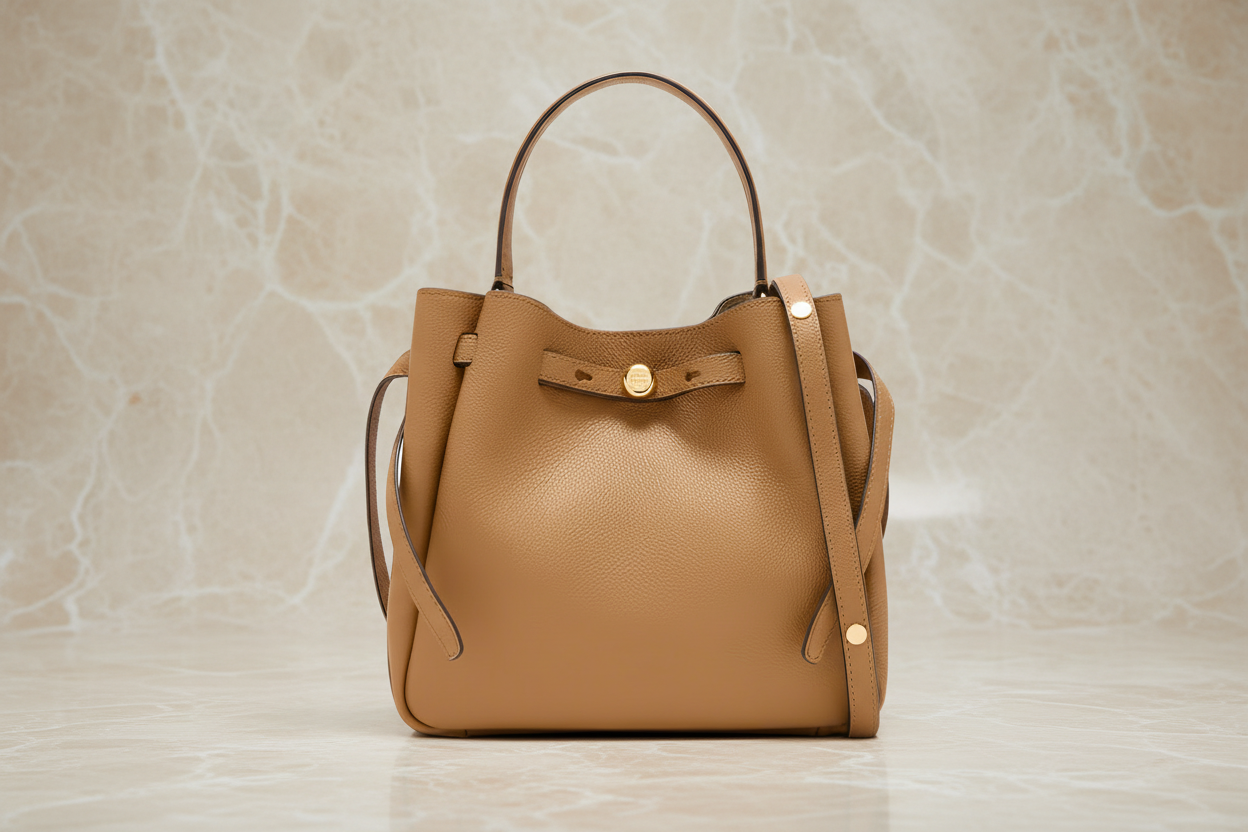 SALE!!! WITH CREASE IN FRONT DUE TO CARGO HANDLING - TORY BURCH SMALL ROMY BUCKET - BROWN